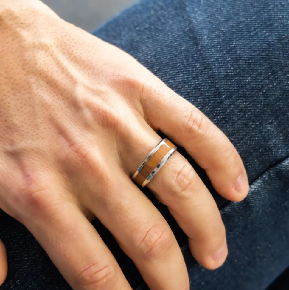 Bague Anneau pour Homme en Acier Argenté Bois