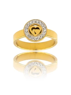 Bague Femme Coeur Acier Doré Ornée Zirconium