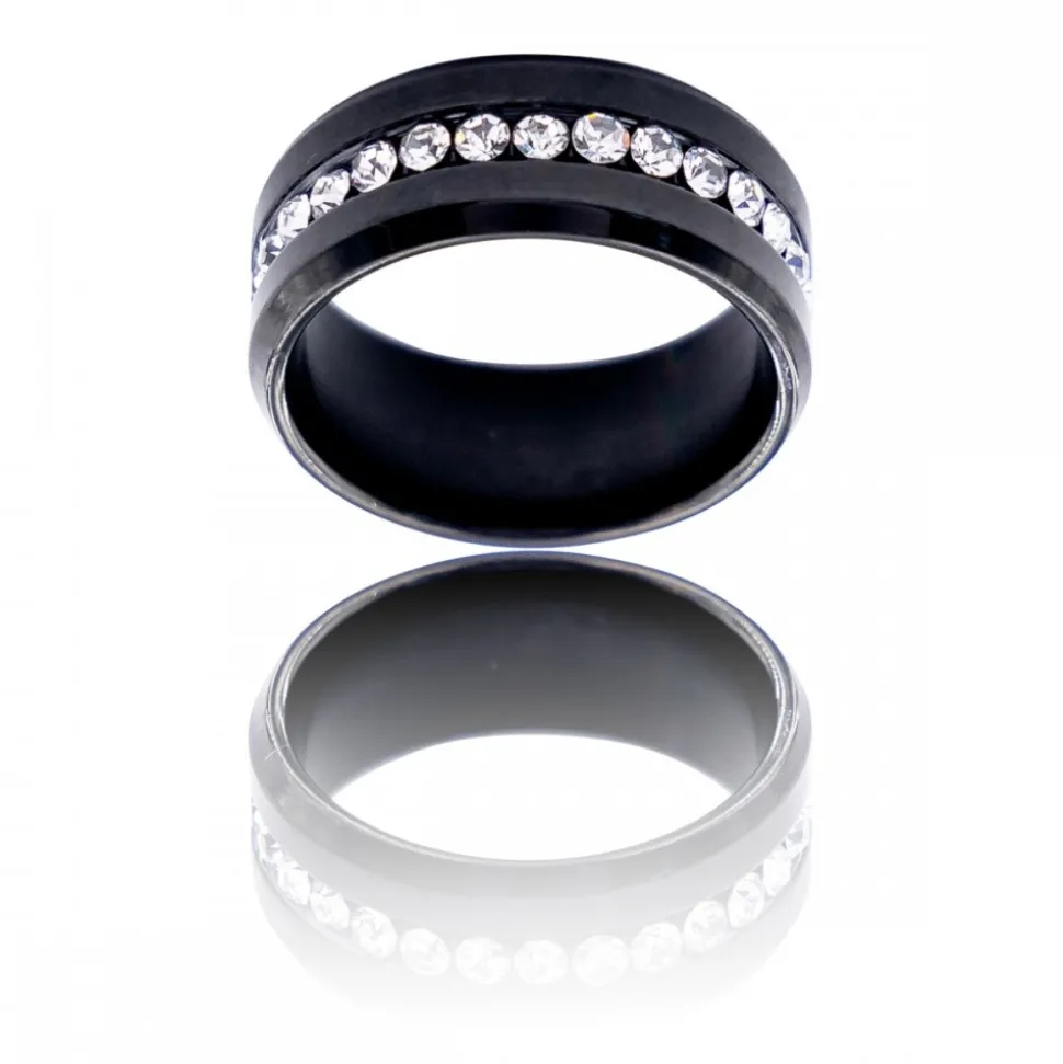 Bague Femme en Acier Noir Ornée Strass