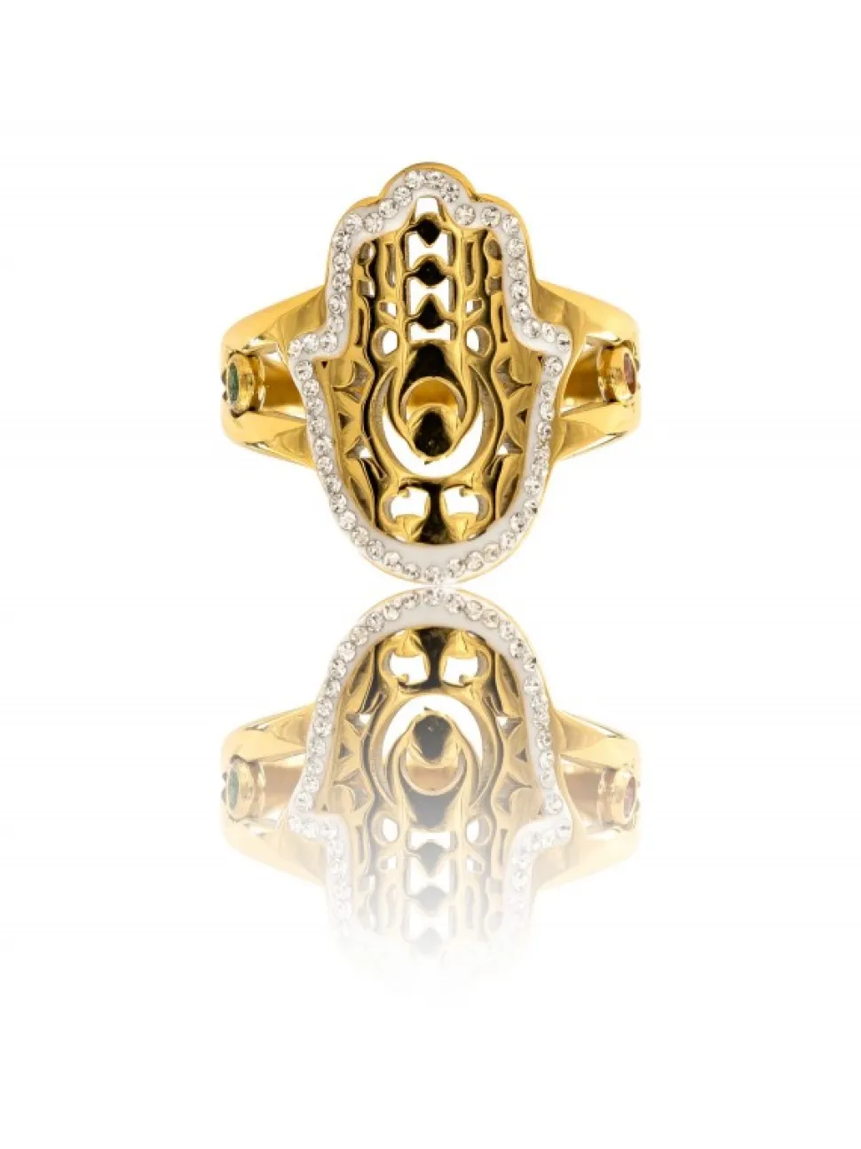 Bague pour Femme Acier Doré Main de Fatma Ornée Zirconium
