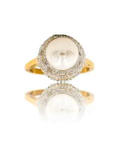Bague Tendance Femme Acier Doré avec Perle Ornée Zirconium