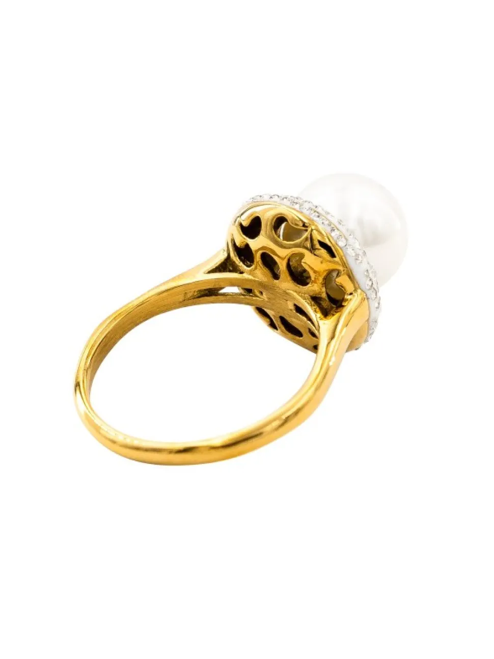 Bague Tendance Femme Acier Doré avec Perle Ornée Zirconium