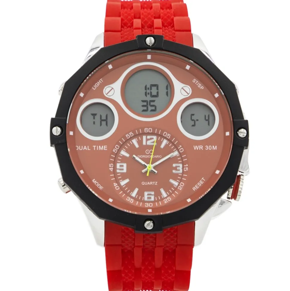 Coffret Montre Homme Silicone XL Dual-Time Rouge GIORGIO