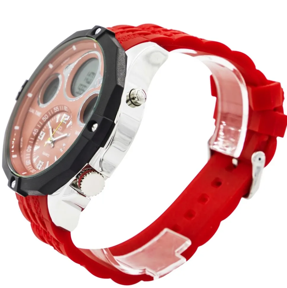 Coffret Montre Homme Silicone XL Dual-Time Rouge GIORGIO