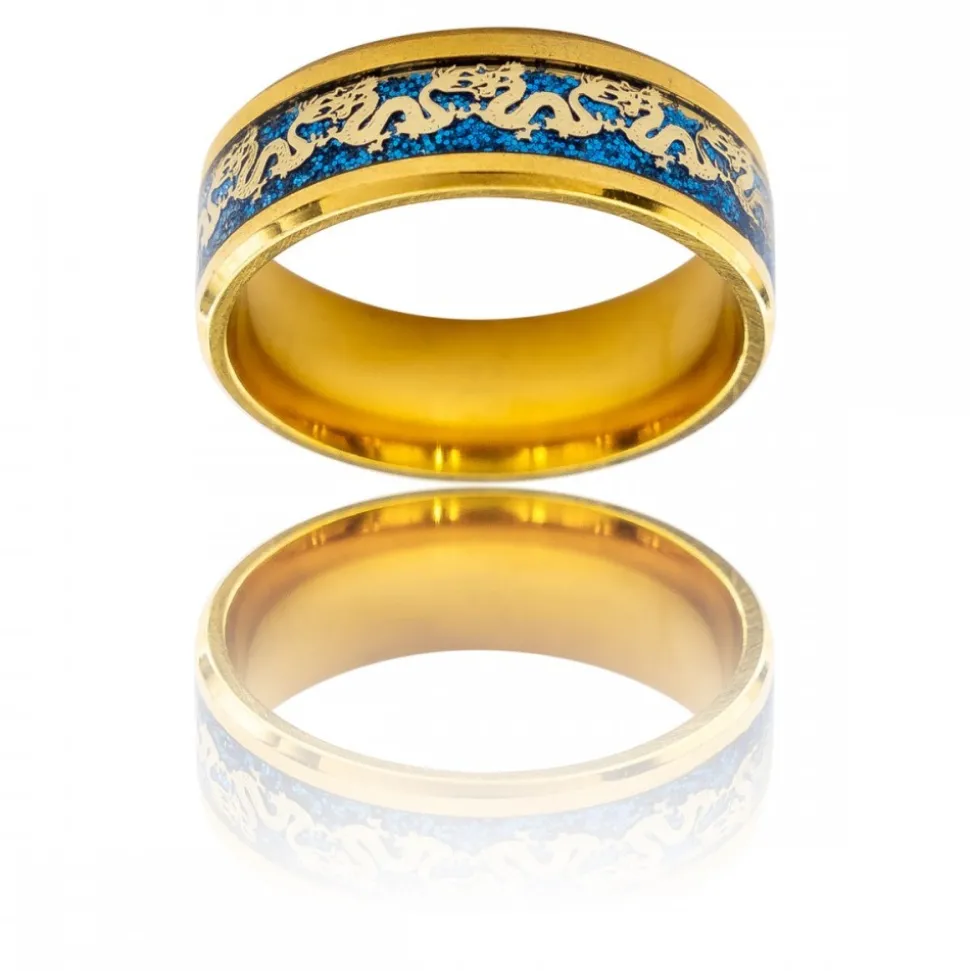 Eclatante Bague Anneau Homme Acier Doré Dragon