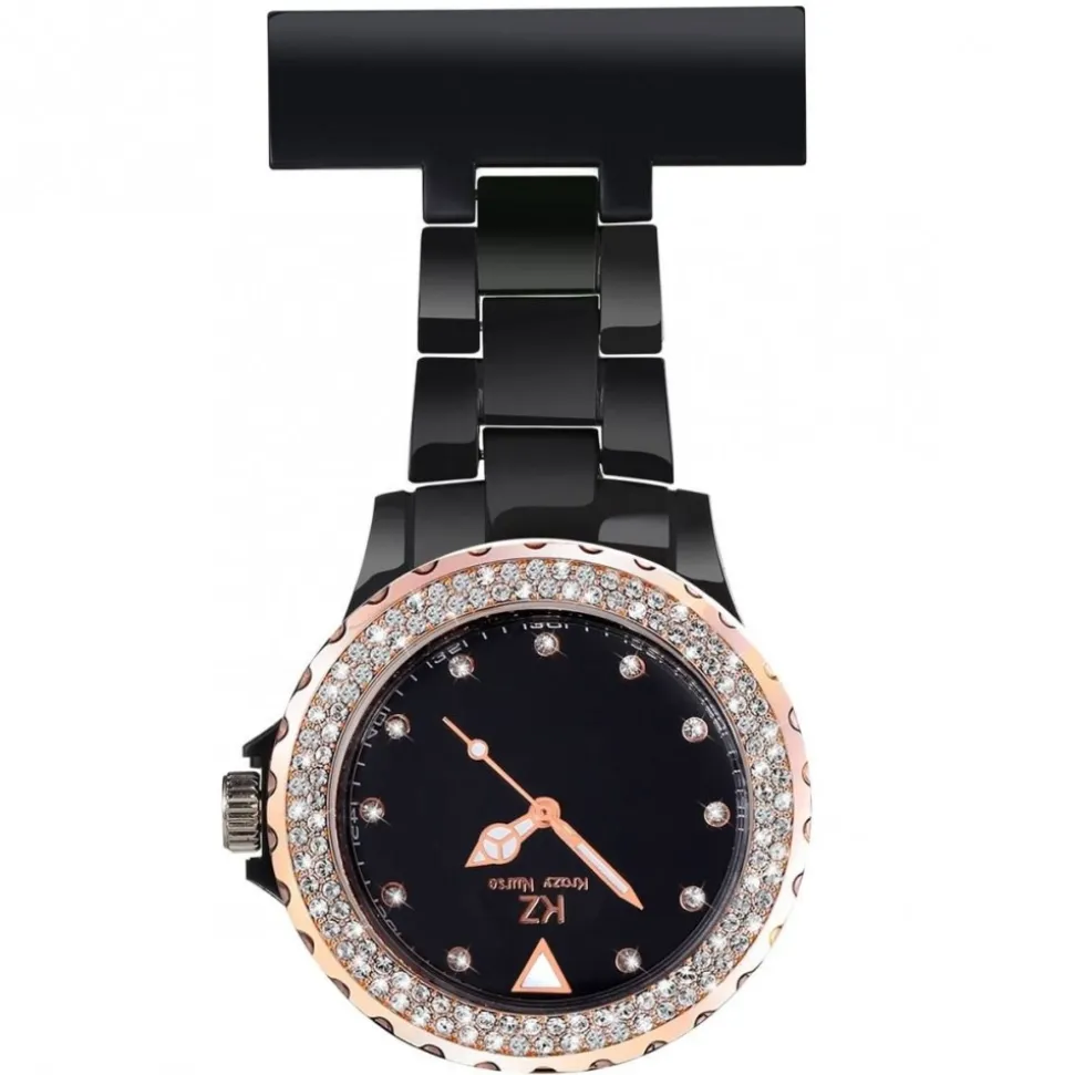 Jolie Montre Infirmière Plastique Noir Rosé Strass KRAZY 35