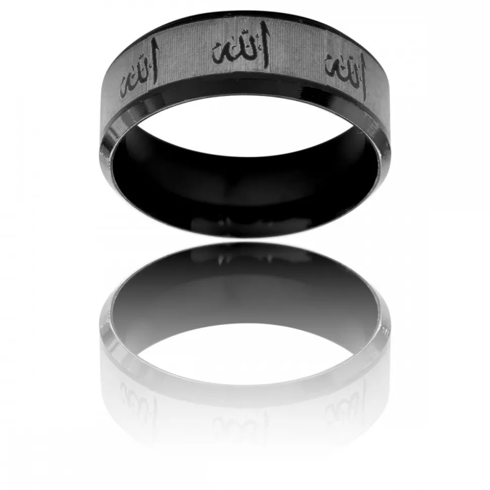 Somptueuse Bague Anneau Homme Acier Noir Allah